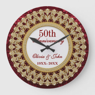 Diamonds Gold & burgundy 50th Wedding Anniversary Large Clock