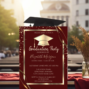 Diamonds Gold Frame Grad Cap Red Graduation  Invitation