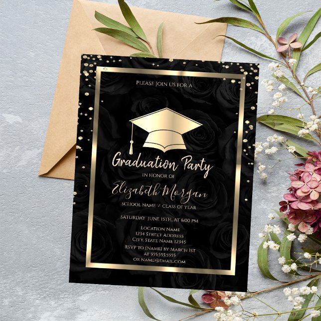 Diamonds Gold Grad Cap Black Roses Graduation  Invitation (Creator Uploaded)