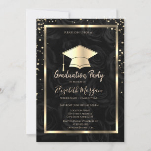 Diamonds Gold Grad Cap Black Roses Graduation  Invitation