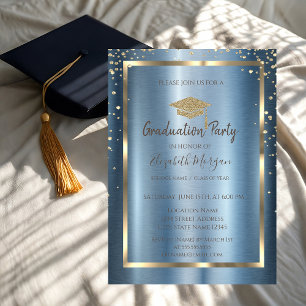 Diamonds Gold Grad Cap Blue Metallic Graduation  Invitation