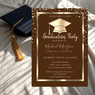 Diamonds Gold Grad Cap Brown Graduation Invitation