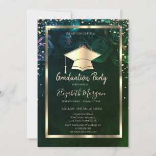 Diamonds Gold Grad Cap Chic Roses Graduation Invitation