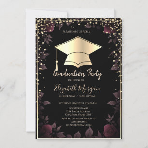 Diamonds Gold Grad Cap Dark Red Roses Graduation  Invitation