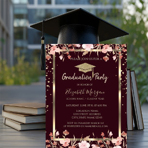 Diamonds Gold Grad Cap Flowers Burgundy Graduation Invitation