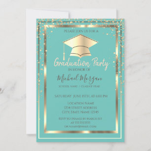 Diamonds Gold Grad Cap Mint Green Graduation Invitation