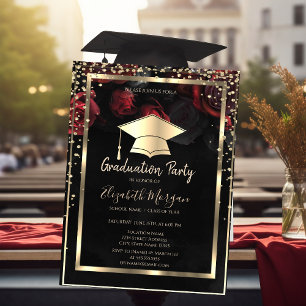 Diamonds Gold Grad Cap Red Roses Graduation Invitation