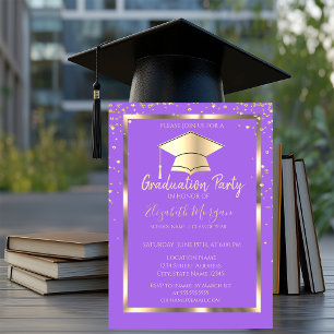 Diamonds Gold Grad Cap Violet Graduation   Invitation