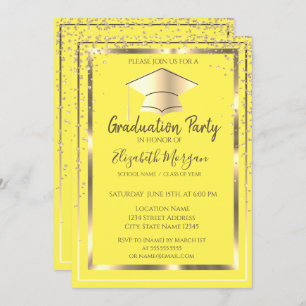 Diamonds Gold Grad Cap Yellow Graduation Invitation