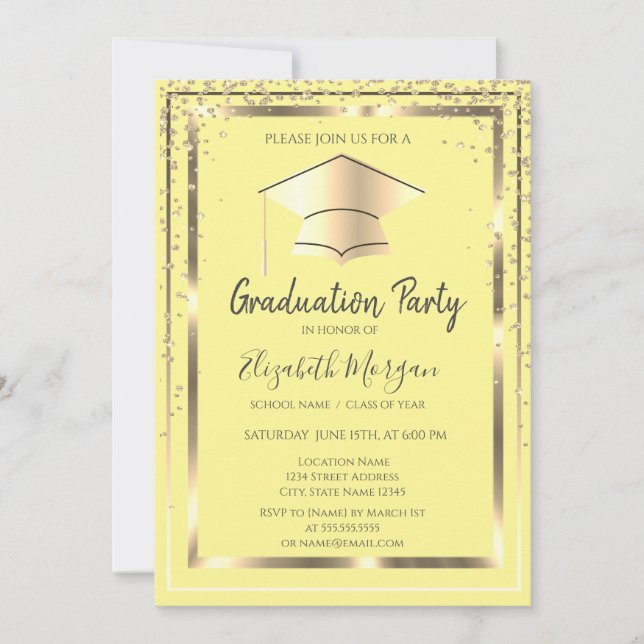 Diamonds Gold Grad Cap Yellow Graduation   Invitation (Front)