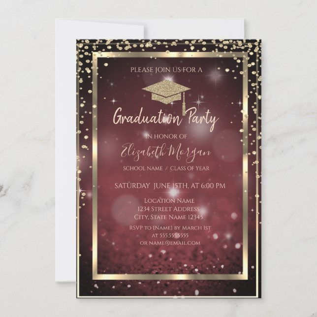 Diamonds Gold Graduation Cap Dark Red Graduation Invitation (Front)