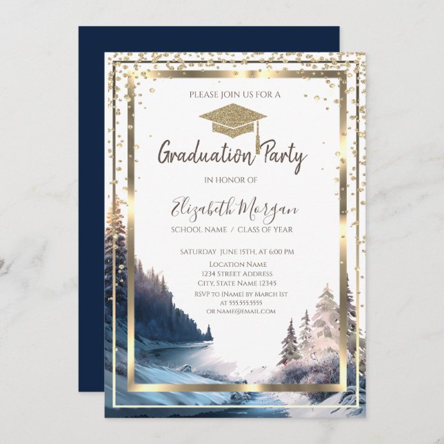 Diamonds Gold Graduation Cap Landscape Graduation Invitation (Front/Back)