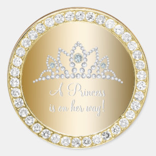 Diamonds Gold Princess Tiara Baby Shower Favour Classic Round Sticker