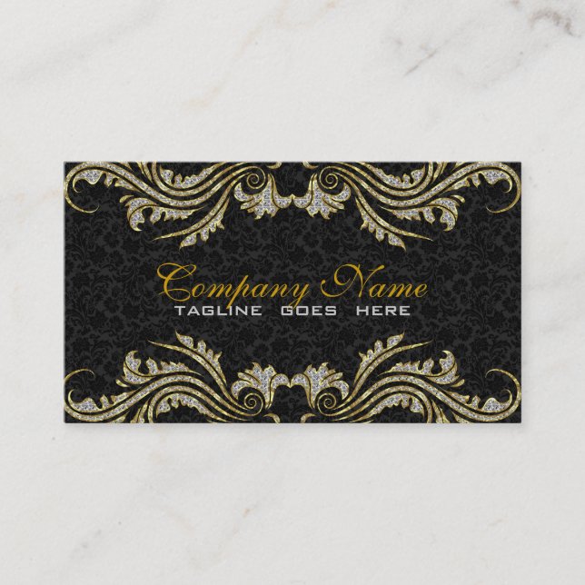 Diamonds & Gold Swirls, Black Damasks Business Card (Front)