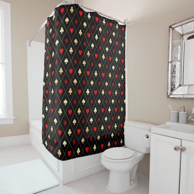 Diamonds Hearts Spades Clubs Playing Cards Pattern Shower Curtain (In Situ)