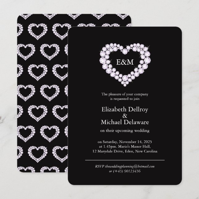 Diamonds in a heart black wedding invitation (Front/Back)