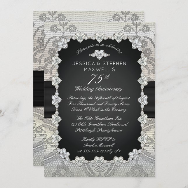 Diamonds | Lace 75th  Wedding Anniversary Invitation (Front/Back)