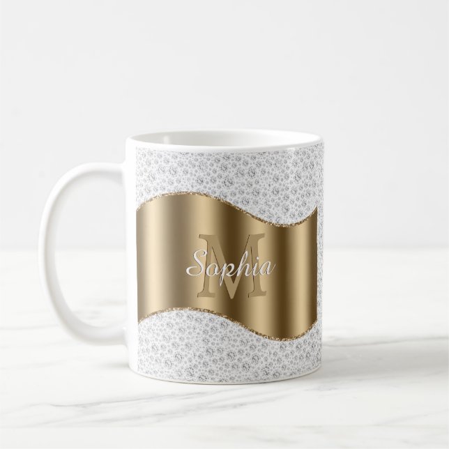 Diamonds, Large Gold Monogram White Script Name #2 Coffee Mug (Left)