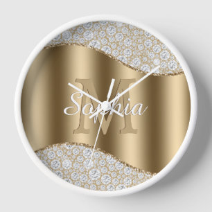 Diamonds, Large Gold Monogram, White Script Name Clock