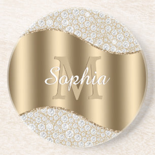 Diamonds, Large Gold Monogram, White Script Name Coaster