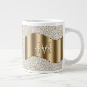 Diamonds, Large Gold Monogram White Script Name Coffee Mug