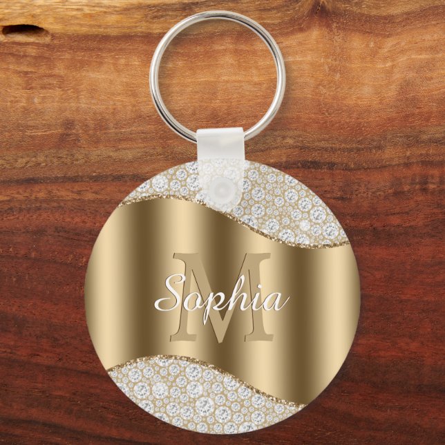 Diamonds, Large Gold Monogram, White Script Name Key Ring (Front)