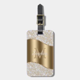 Diamonds, Large Gold Monogram, White Script Name Luggage Tag