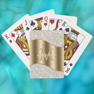 Diamonds, Large Gold Monogram, White Script Name Playing Cards