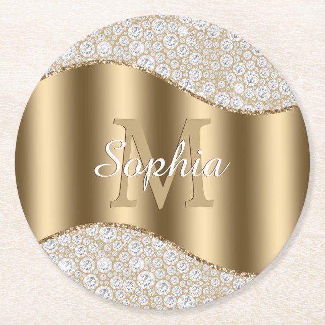 Diamonds, Large Gold Monogram, White Script Name Round Paper Coaster (Front)