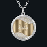 Diamonds, Large Gold Monogram, White Script Name Silver Plated Necklace<br><div class="desc">Personalise large gold monogram and name in white script on gold wave with diamonds.</div>