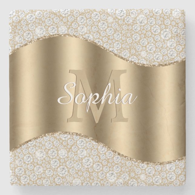 Diamonds, Large Gold Monogram, White Script Name Stone Coaster (Front)