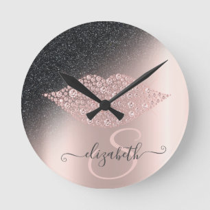 Diamonds Lips Glitter Ombre Rose Gold Round Clock