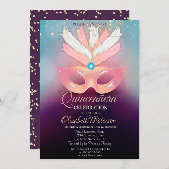 Diamonds,Masque,Lights, Masquerad Quinceañera Invitation (Front/Back)