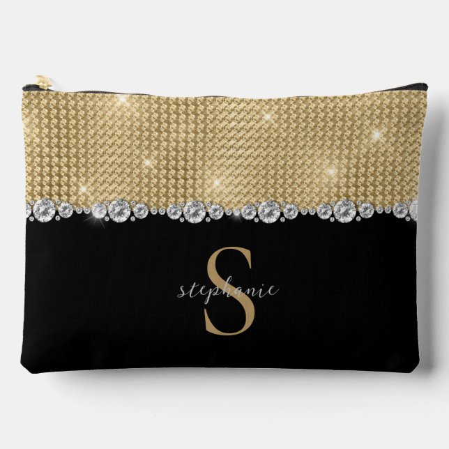 Diamonds Monogram Gold Black Luxury Sophisticated Accessory Pouch (Front)