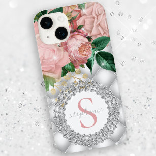 Diamonds Monogram Pink Roses Sparkly Bling Tufted  iPhone 15 Mini Case