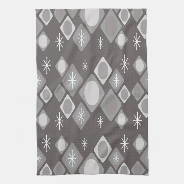 Diamonds Ovals Starbursts Dark Grey Tea Towel (Vertical)