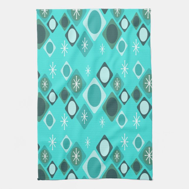 Diamonds Ovals Starbursts Turquoise Tea Towel (Vertical)