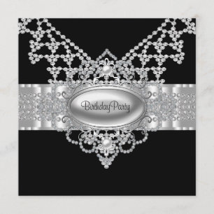 Diamonds Pearls Black Birthday Party Invitations