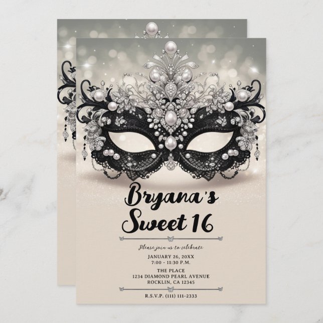 Diamonds & Pearls Black Lace Masquerade Sweet 16   Invitation (Front/Back)