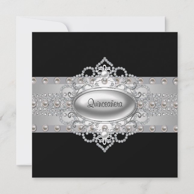 Diamonds Pearls Black Quinceanera Invitations (Front)