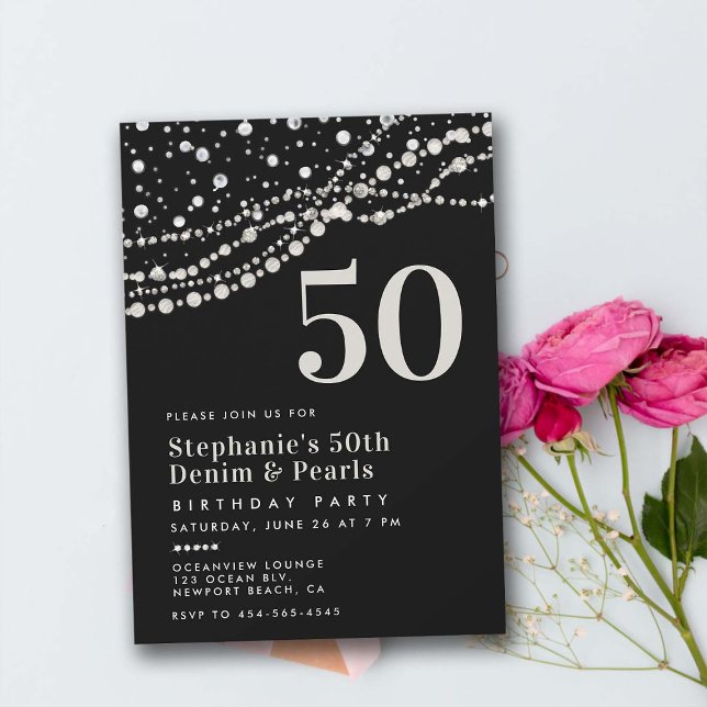 Diamonds Pearls Black White Elegant 50th Birthday Invitation (diamonds pearls 50th birthday party invitation for women elegant classy bling chic rustic modern)