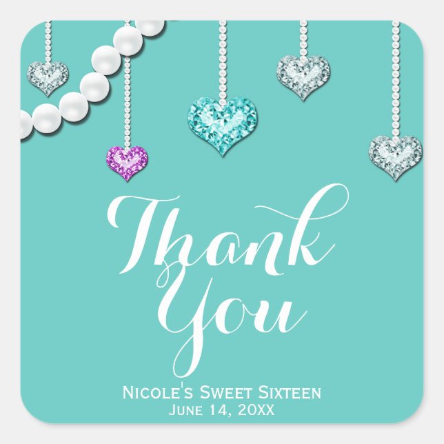 Diamonds & Pearls Bling Jewels Glam Birthday Party Square Sticker (Front)