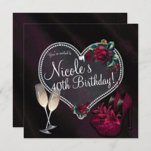 Diamonds Pearls Dark Heart High Heels Birthday Invitation