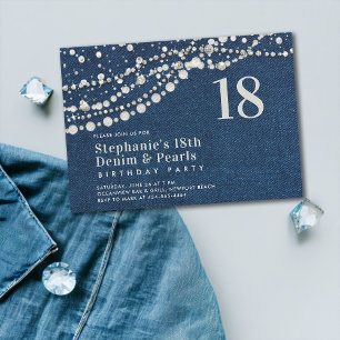 Diamonds Pearls Denim Elegant Classy 18th Birthday Invitation