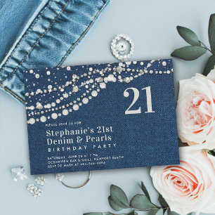 Diamonds Pearls Denim Elegant Classy 21st Birthday Invitation