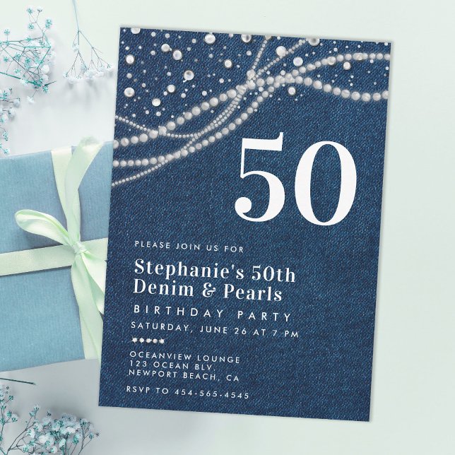 Diamonds Pearls Denim Elegant Classy 50th Birthday Invitation (diamonds pearls denim 50th birthday invitation for women elegant classy modern chic rustic country)