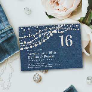 Diamonds Pearls Denim Elegant Classy Chic Sweet 16 Invitation