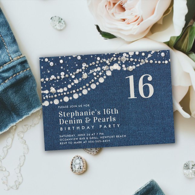 Diamonds Pearls Denim Elegant Classy Chic Sweet 16 Invitation (denim diamonds pearls sweet 16 birthday party invitation modern contemporary classy elegant chic)