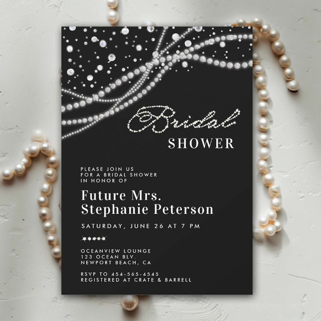 Diamonds Pearls Elegant Black White Bridal Shower Invitation (diamonds pearls bridal shower invitation black white elegant classy bling romantic feminine rustic)