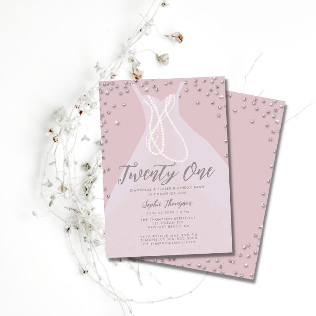 Diamonds Pearls Elegant Dress Pink 21st Bday Bash Invitation (Creator Uploaded)